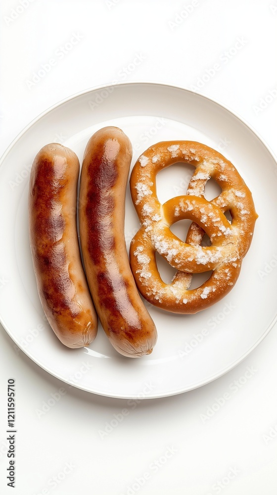 Bavarian sausages with pretzel on white plate Bavarian sausages with pretzel on white plate