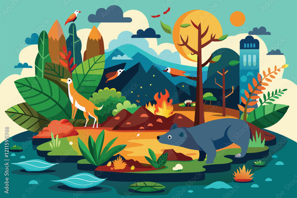 Fototapeta premium A vibrant depiction of biodiversity loss featuring various animals and plants in a changing landscape, Loss of biodiversity Customizable Semi Flat Illustration