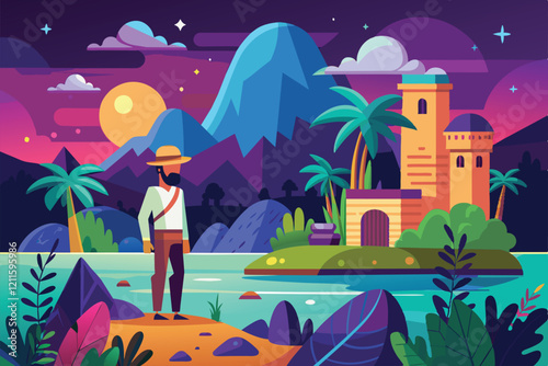 A traveler gazes at a serene lake surrounded by towering mountains and an enchanting castle under a colorful sky, Lost Customizable Flat Illustration
