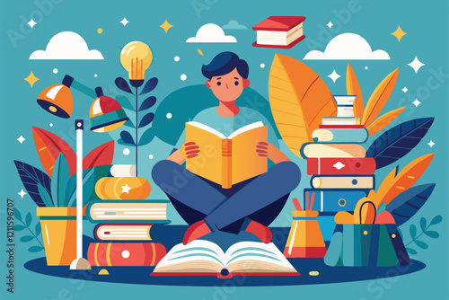 A person sits cross-legged, deeply absorbed in reading a book amidst a vibrant collection of literature, Love of reading and literature,