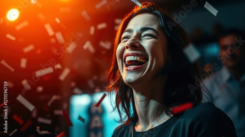 vibrant portrait, joyful woman laughing, cinematic lighting, orange sun flare, dark hair, urban night time