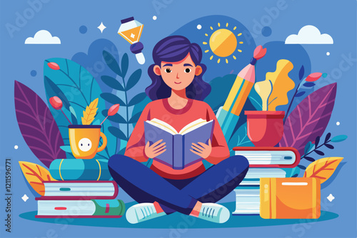 A girl sits cross-legged on the floor, reading a book with vibrant plants and stationery around her, Love of reading and literature,