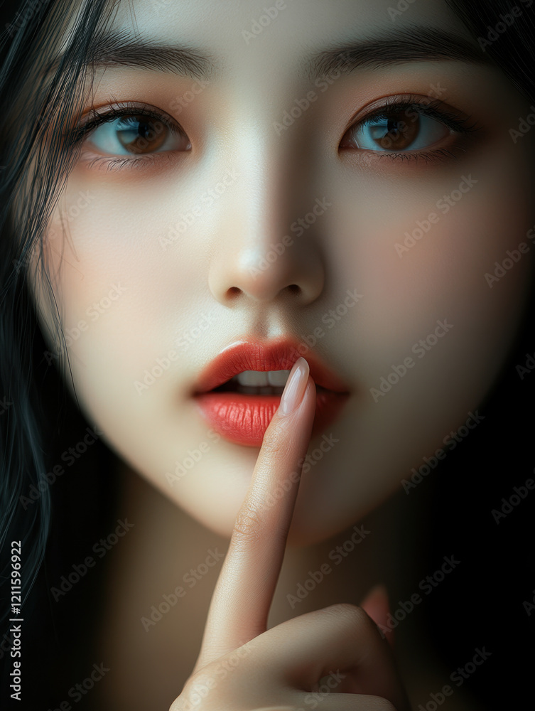 Close shot of model finger on the lips Close shot of model finger on the lips