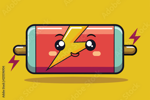 A colorful cartoon battery character shows a low charge with a smiling face, surrounded by lightning bolts, Low battery Customizable Cartoon Illustration