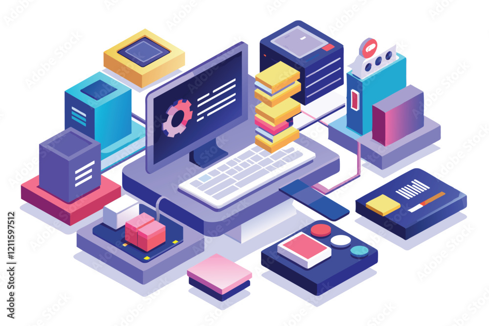 A vibrant illustration showcasing various customizable tools for low code development in an engaging layout, Low code development Customizable Isometric Illustration A vibrant illustration showcasing various customizable tools for low code development in an engaging layout, Low code development Customizable Isometric Illustration