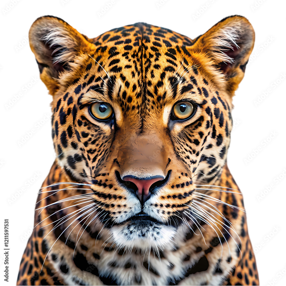 Majestic Leopard Portrait: Close-Up Wildcat, Isolated on White Background. Perfect for wildlife, Majestic Leopard Portrait: Close-Up Wildcat, Isolated on White Background. Perfect for wildlife,