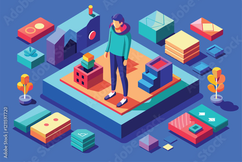 A character stands among colorful geometric shapes and buildings, reflecting a sense of low self-esteem, Low self-esteem Customizable Isometric Illustration