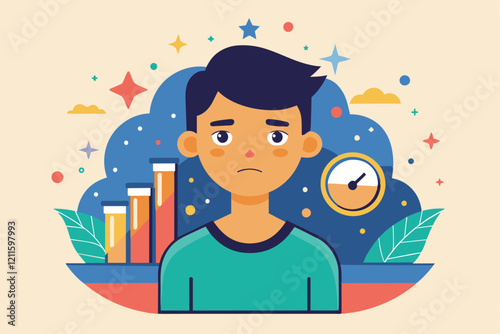 A young person shows low self-esteem surrounded by symbols of time and creativity in a playful, colorful design, Low self-esteem Customizable Semi Flat Illustration