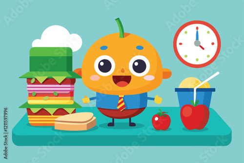 A playful character stands beside a tower of colorful sandwiches, fruit, and a clock indicating lunchtime, Lunch time Customizable Cartoon Illustration