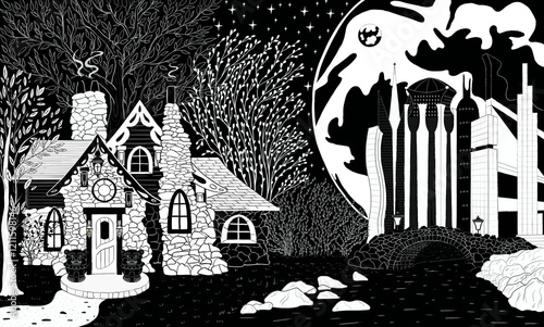 Black and white landscape illustration- forest, house, river, bridge, city, space
