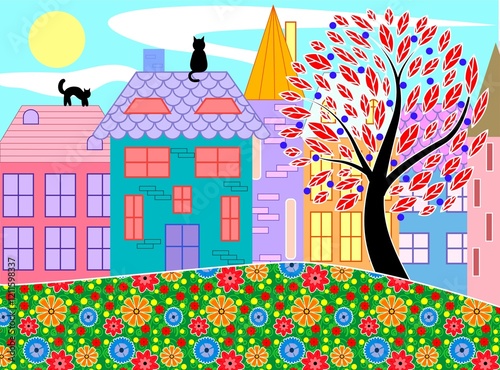 cartoon-style vector illustration of an urban landscape, cats and a tree