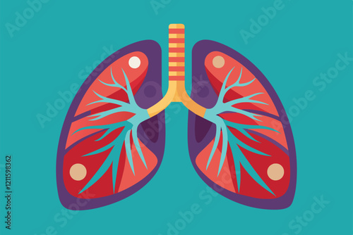 A colorful flat depiction of human lungs showcasing intricate anatomical details and structures, Lungs Customizable Flat Illustration