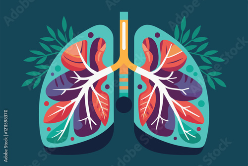 A detailed and colorful illustration of human lungs adorned with botanical elements showcases vibrant anatomy, Lungs Customizable Flat Illustration