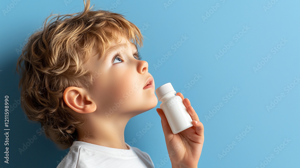 Young Boy Applying Eye Drops for Dry Eyes Relief Against Blue Background Young Boy Applying Eye Drops for Dry Eyes Relief Against Blue Background