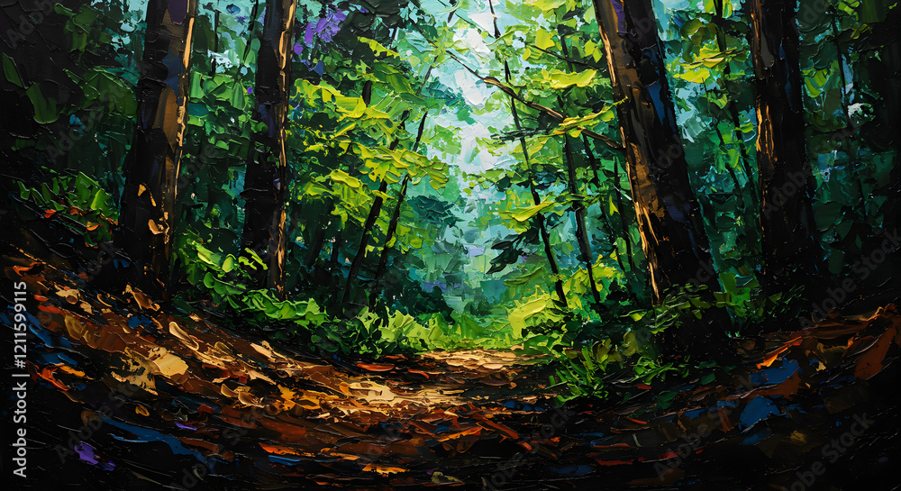 Obraz premium A dreamlike scene of a forest with glowing lights and a winding path.