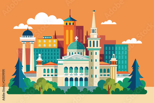 This cozy flat features stunning views of Madrid's iconic skyline and lively architecture amidst greenery, Madrid Customizable Flat Illustration