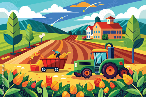 Machines actively harvest crops from a colorful farm under clear blue skies and lush green hills, Machines harvesting on farm,