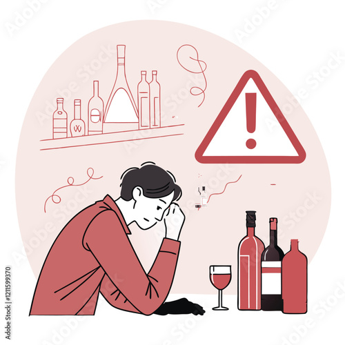 Alcohol Addiction Warning Sign with Stressed Man Illustration
