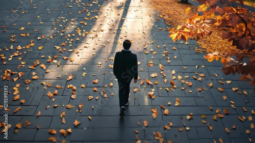 A Solitary Walk Through Autumn: A single figure in a suit strides across a pathway strewn with fallen leaves, bathed in the golden light of the setting sun.