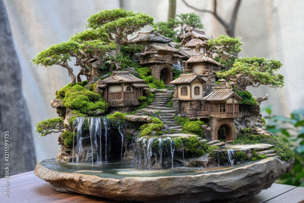 Fototapeta premium Miniature Asian village landscape with waterfalls, bonsai trees, and moss-covered rocks on a stone base.