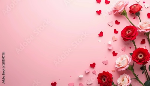 Pink background with roses and heart petal.