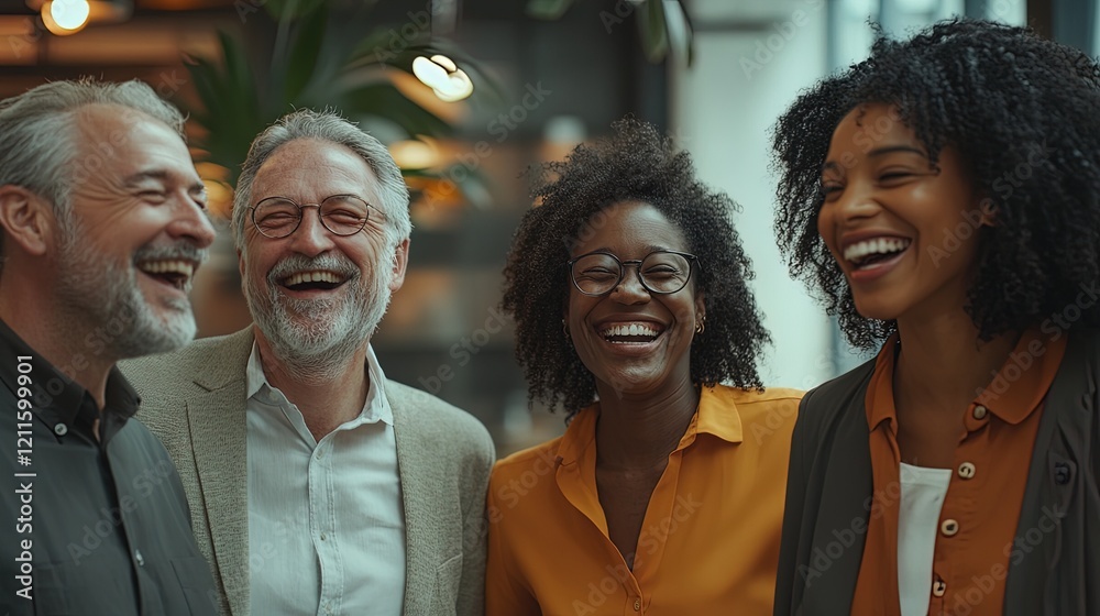 Fototapeta premium Group of diverse colleagues laughing together in a modern office, teamwork and inclusion, natural lighting 