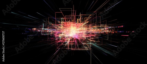 Vibrant abstract digital explosion in shades of orange, pink, and purple on a black background, with dynamic lines radiating outward from the center.