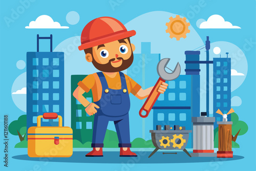 A cheerful cartoon character in overalls holds a wrench, surrounded by tools and buildings in the city, Maintenance Customizable Cartoon Illustration