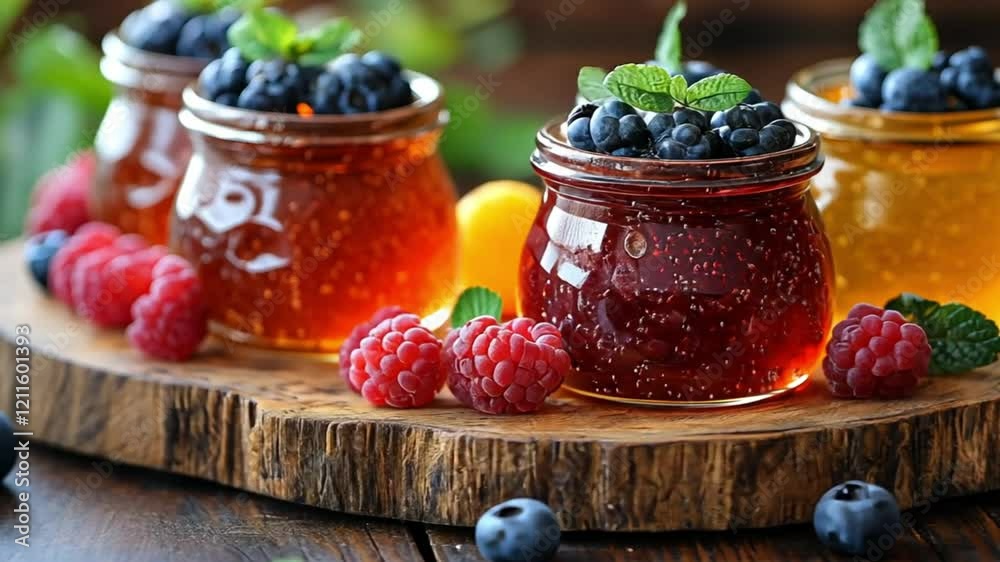 Delicious Homemade Berry Jam in Glass Jars Delicious Homemade Berry Jam in Glass Jars