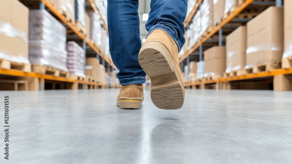 Obraz premium Walking in a Warehouse with Brown Shoes and Blue Jeans on a Concrete Floor