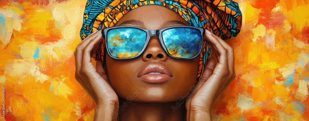 Colorful African Woman in Stylish Sunglasses with Vibrant Headwrap Colorful African Woman in Stylish Sunglasses with Vibrant Headwrap