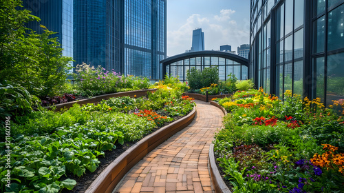 Urban Rooftop Garden: A City Oasis with Blooming Plants and Flowers