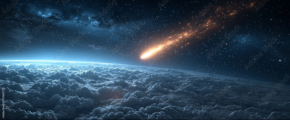 Fototapeta premium Fiery meteor streaks across night sky over planet.