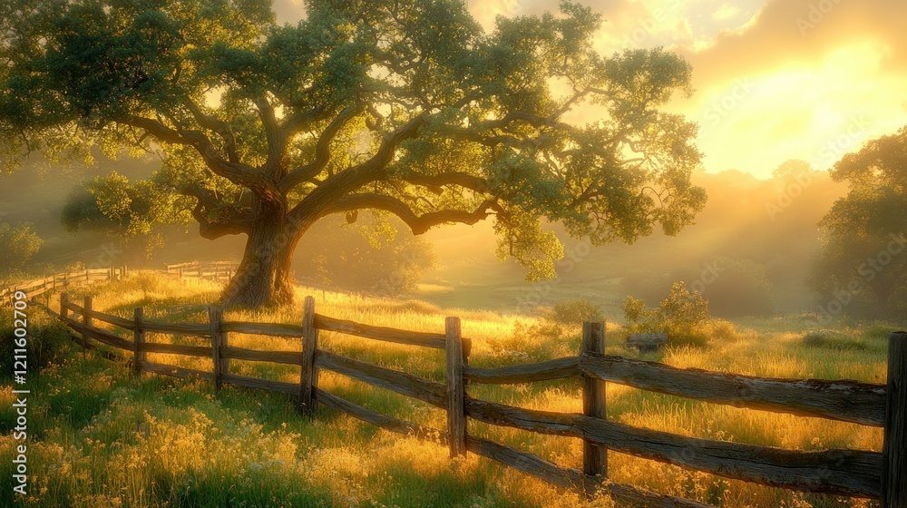 Obraz premium Golden Sunrise over Serene Meadow