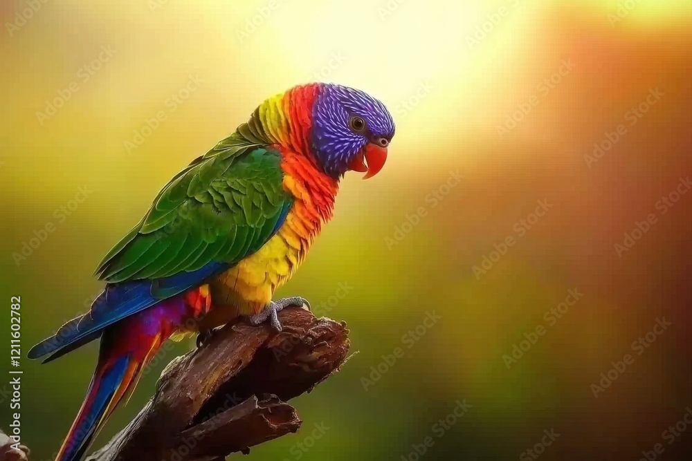 Fototapeta premium A colorful rainbow lorikeet perched on a branch, its plumage gleaming under the morning sunlight.