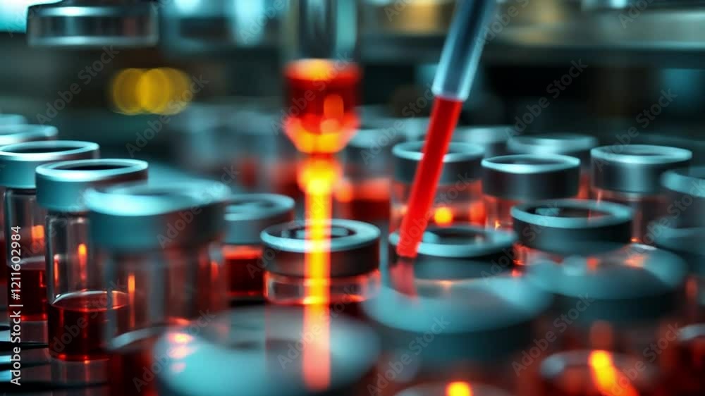 Pipetting Precision: A close-up of a laboratory setting, with a pipette precisely dispensing a red liquid into a test tube. Pipetting Precision: A close-up of a laboratory setting, with a pipette precisely dispensing a red liquid into a test tube.