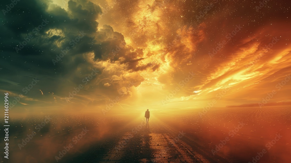 Fototapeta premium A solitary figure walks down a foggy road under a dramatic, colorful sky.