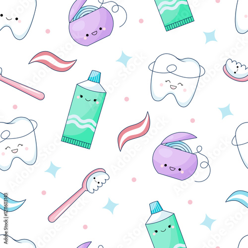 A pattern with cute dentistry characters. Tooth, paste, dental floss. Seamless texture on a white background. Oral hygiene