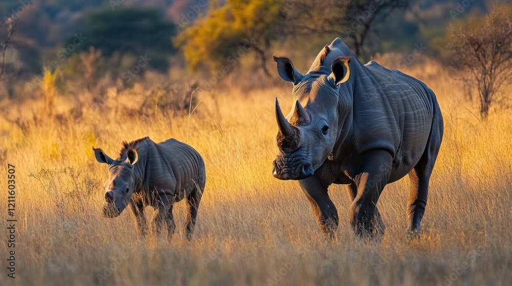 Obraz premium A thrilling safari adventure through the African wilderness, where giraffes tower over the landscape and rhinoceroses graze peacefully in the golden grasslands.