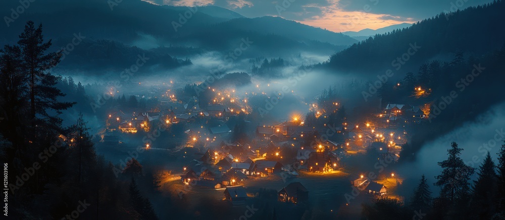 Mountain village night fog lightscape Mountain village night fog lightscape