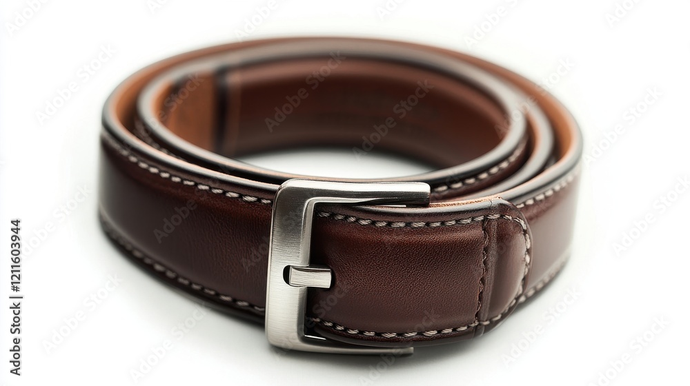 Classic Brown Leather Belt with Silver Buckle and Stitching Detail Classic Brown Leather Belt with Silver Buckle and Stitching Detail