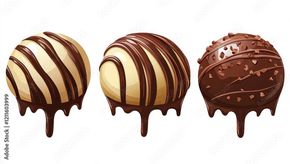 Three assorted chocolate truffles with melted chocolate drips.