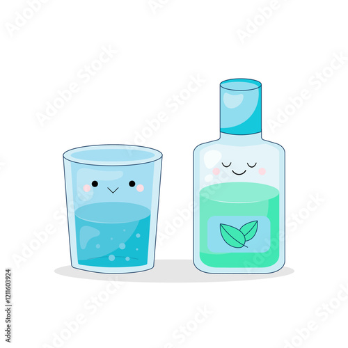 A glass of water and mouthwash. Kawaii characters. The concept of oral hygiene.
