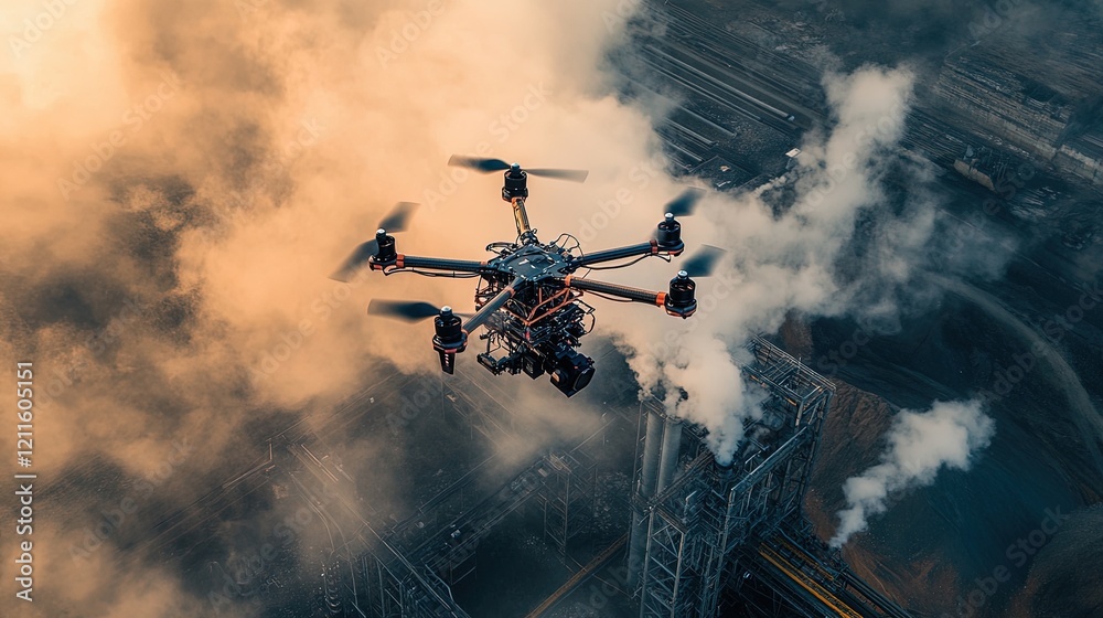 Fototapeta premium Drone surveying a geothermal power plant, aerial view, sustainable energy focus 