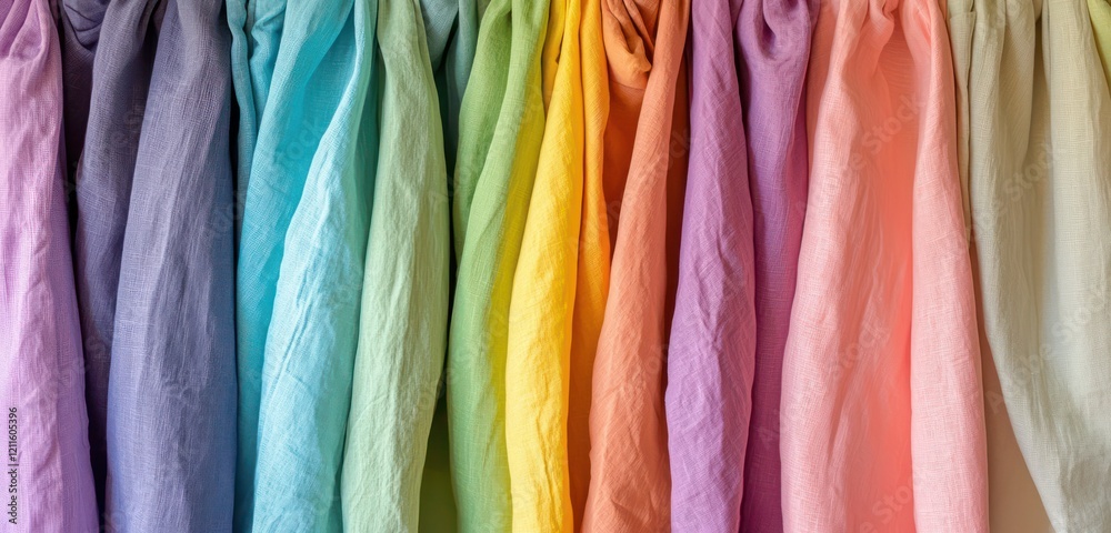 Visualize premium linen hanging in a rainbow from lavender to mint green, top-down perspective. Visualize premium linen hanging in a rainbow from lavender to mint green, top-down perspective.