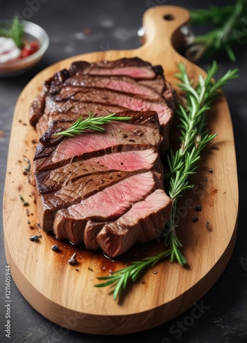 Freshly grilled steak with a sprig of rosemary on top, kitchen creations, meaty goodness, herb toppings