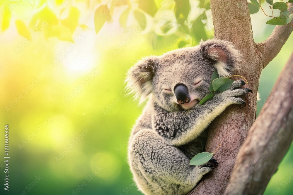 Obraz premium A cuddly koala nestled in the fork of a eucalyptus tree, chewing on leaves with a content expression.