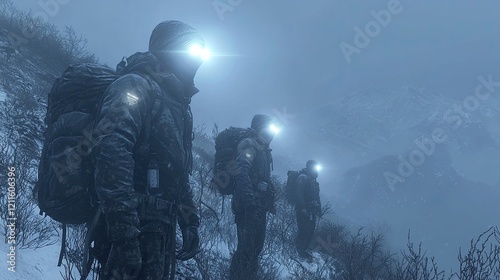 Group of hikers navigating a snowy mountain landscape in foggy weather with headlamps illuminating the path