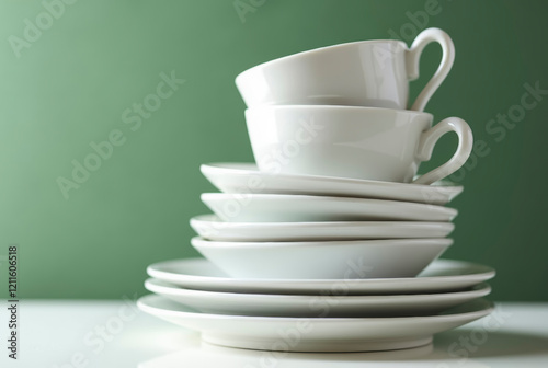 A stack of white porcelain plates and cups on a table.
