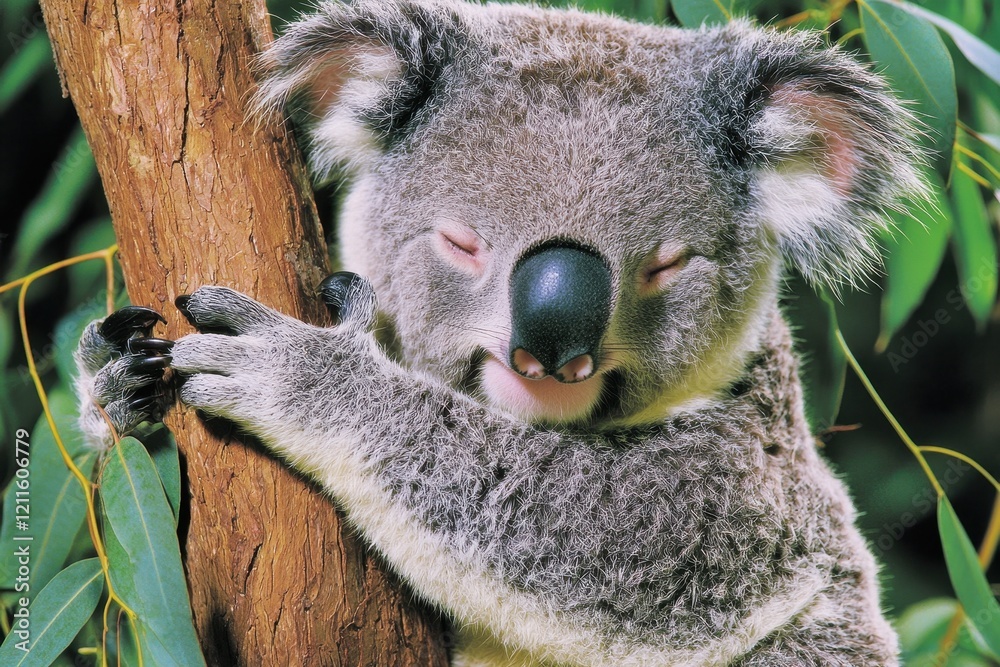 Obraz premium A cuddly koala nestled in the fork of a eucalyptus tree, chewing on leaves with a content expression.
